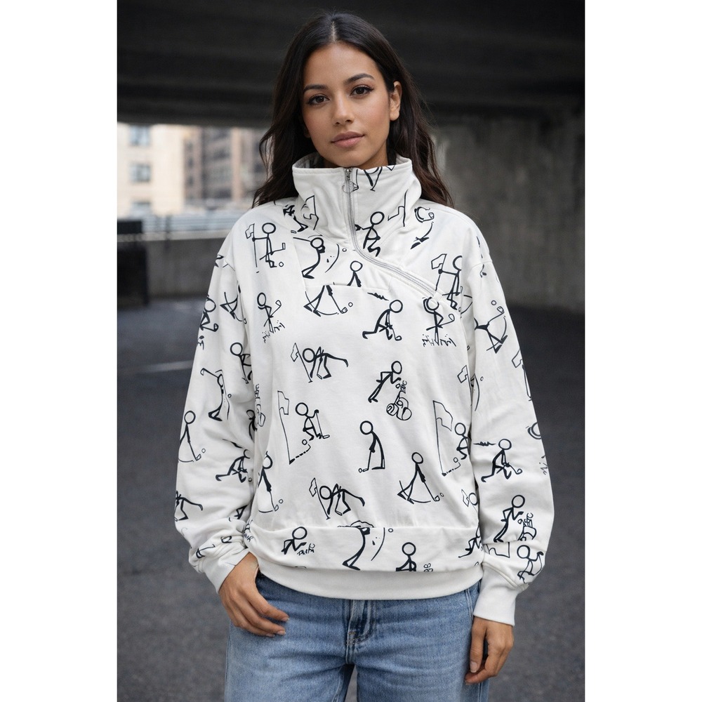Acegolfs Pullover‎ Shirt Womens L White Golf Stickman Print Asymmetrical 1/4 Zip